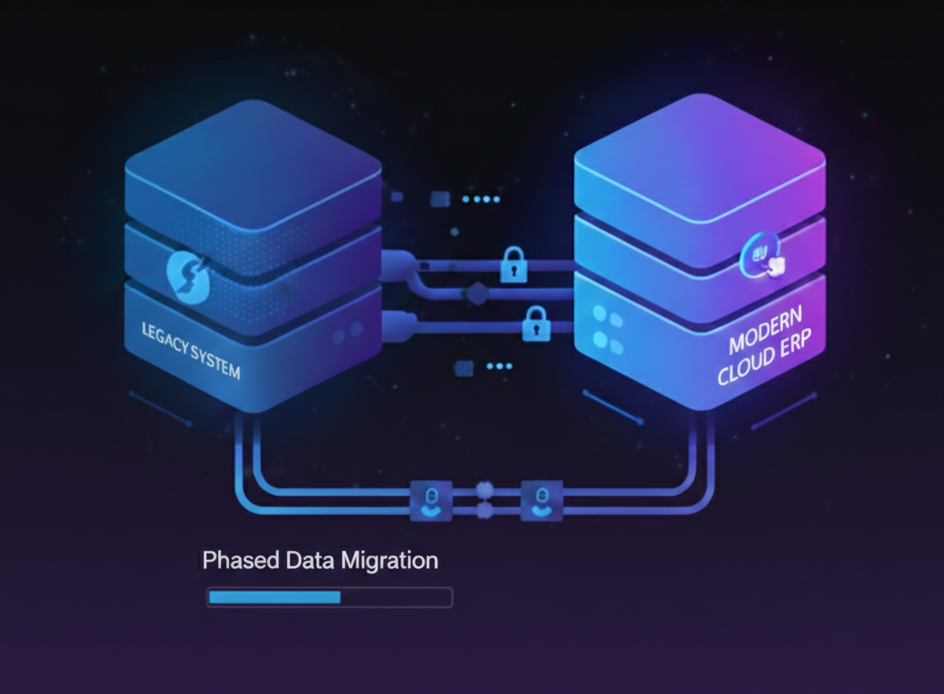 Legacy System to Modern Cloud ERP Migration Architecture showing phased data migration and continuous reconciliation